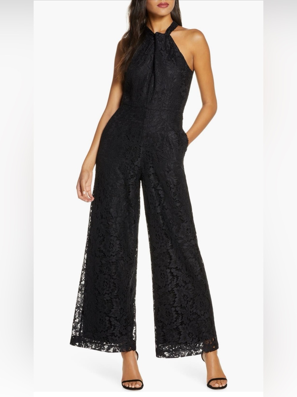 julia jordan Black Lace Halter Wide-Leg Jumpsuit